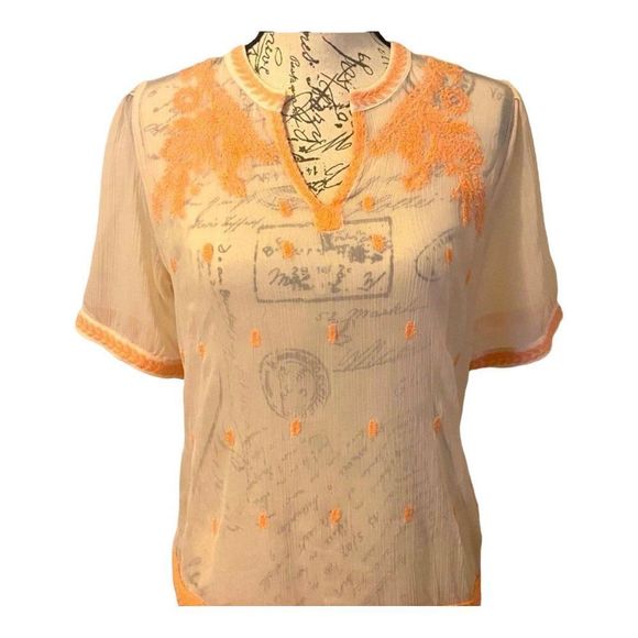Peach Blouse with Delicate Coral inlaid stitching - Picture 1 of 16